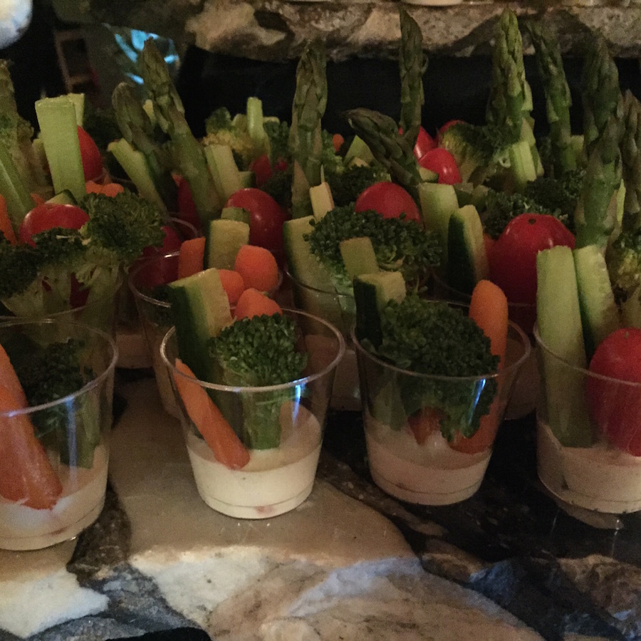 Tiny vegetable cups at wedding reception.
